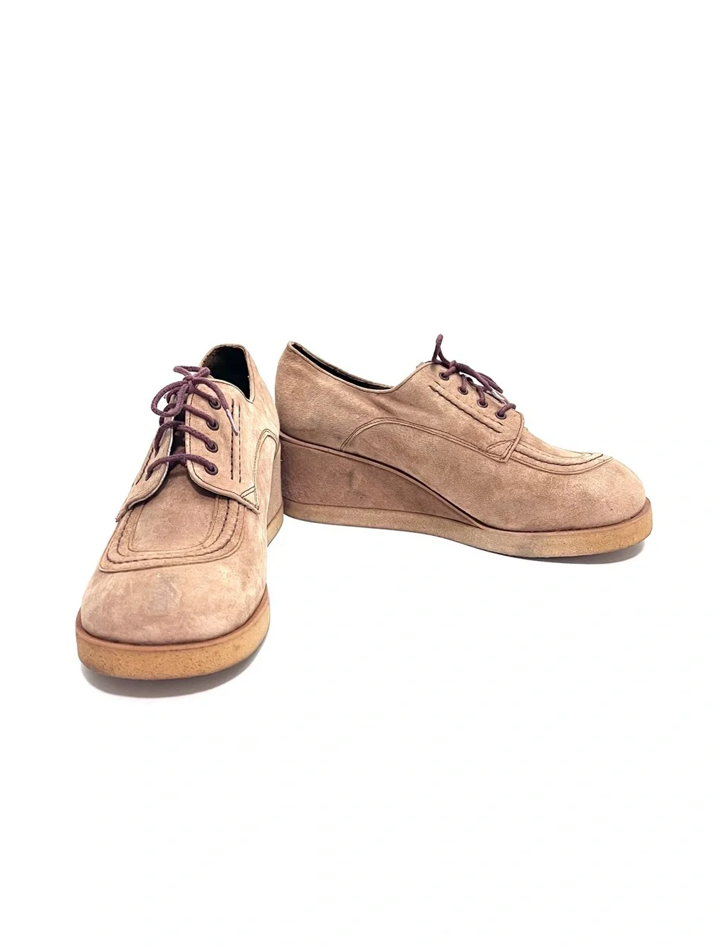Vintage 1970s deadstock tan faux suede platform wedge heel oxfords